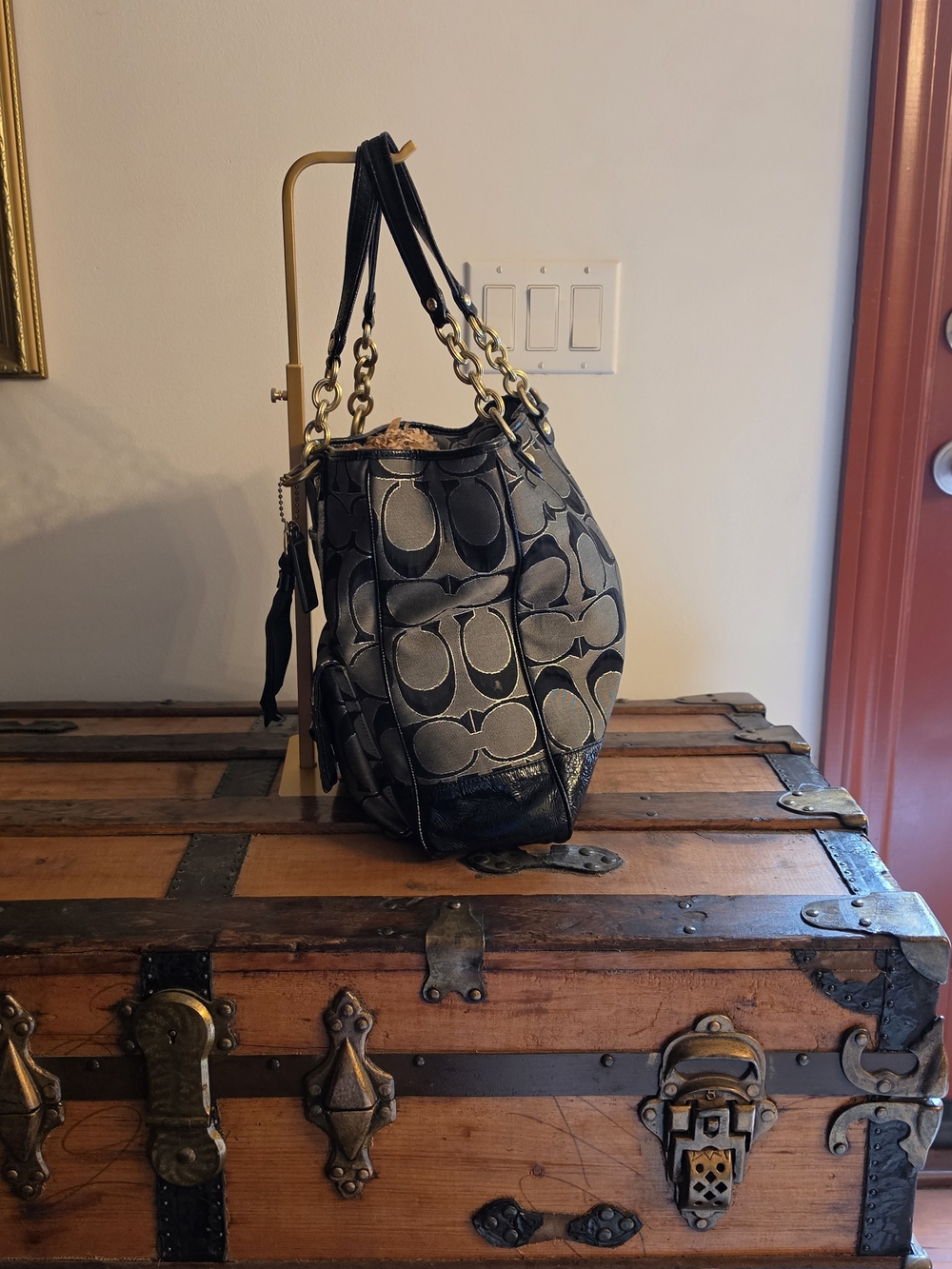 Coach Poppy Signature Lurex Push-Lock Satchel Tote Bag – Black/Gray - Picture 3 of 15